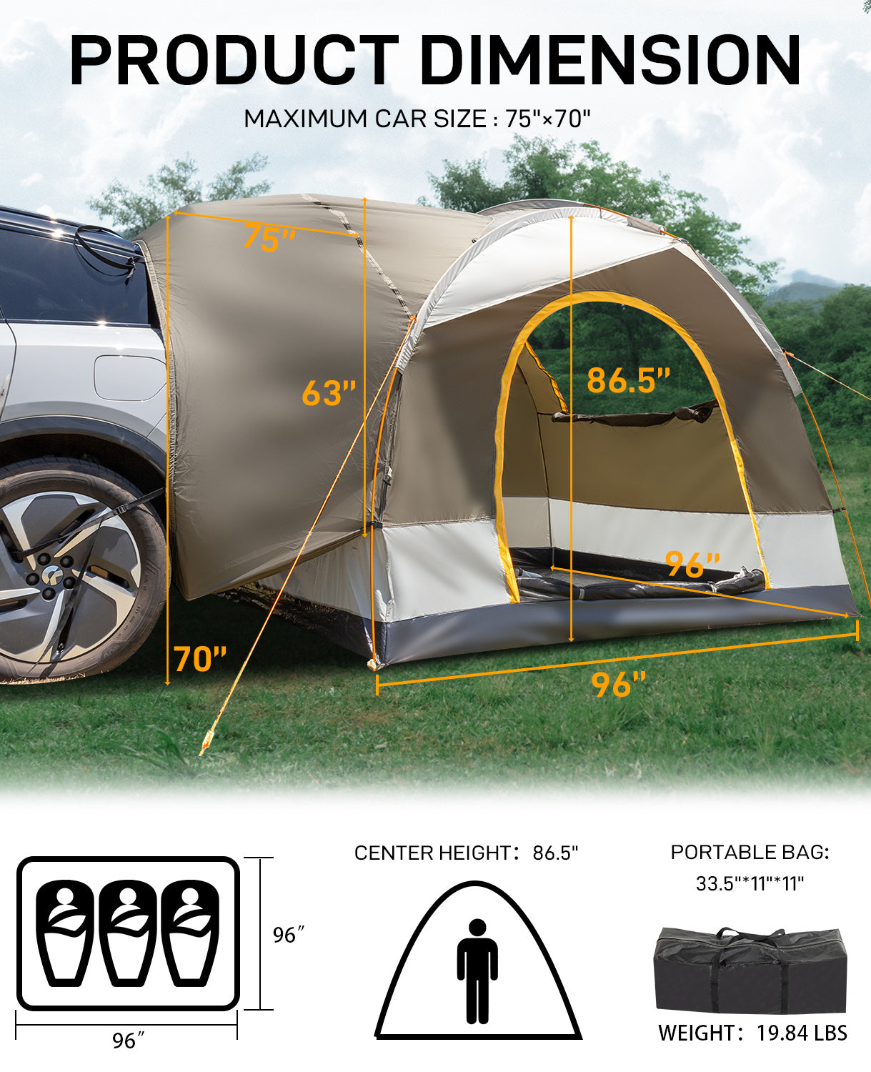 SUV Camping Tent - Fits 5 People, Waterproof Double Layer