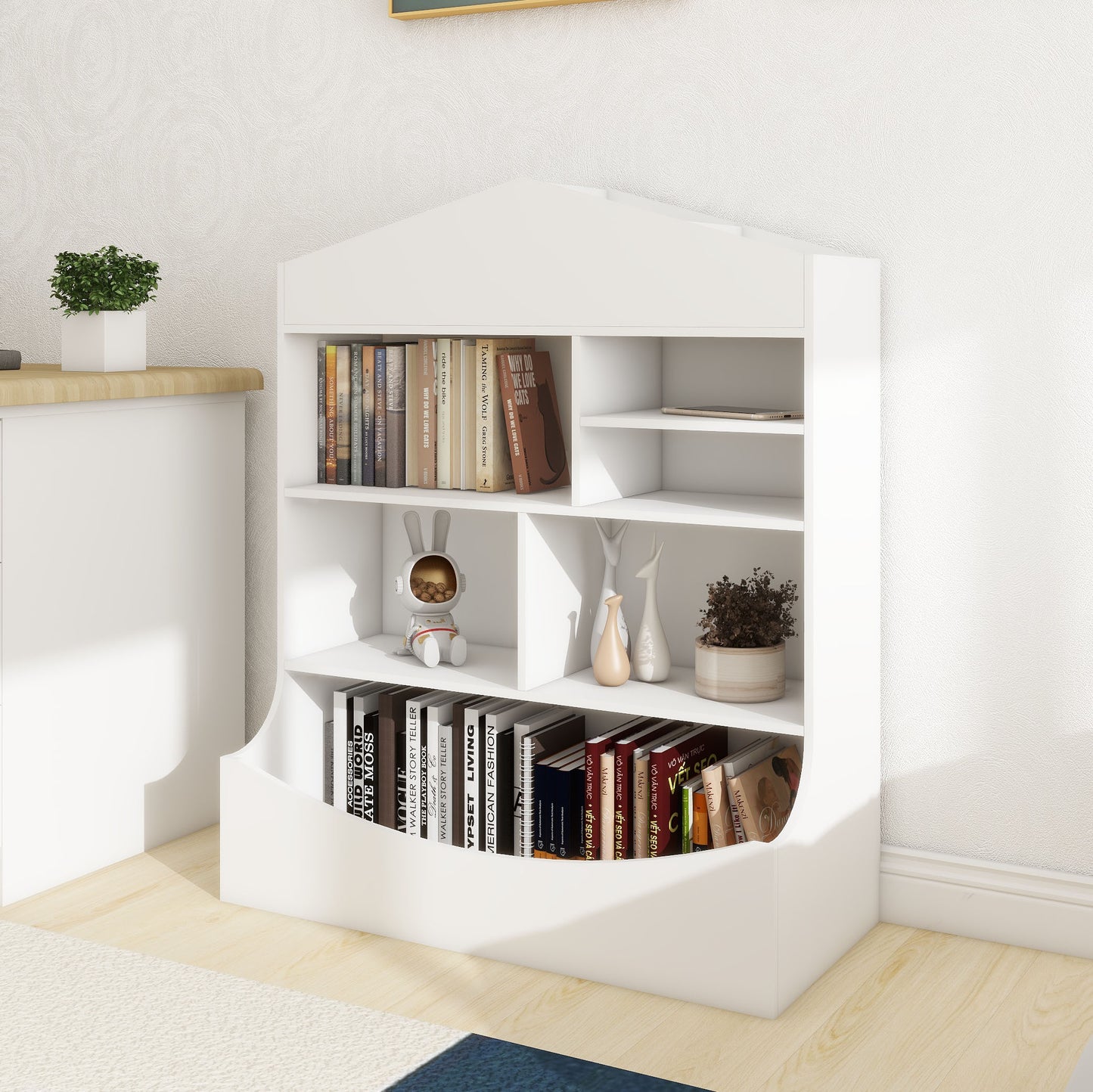 Children's 7-Shelf Bookcase - White, Multi-Functional