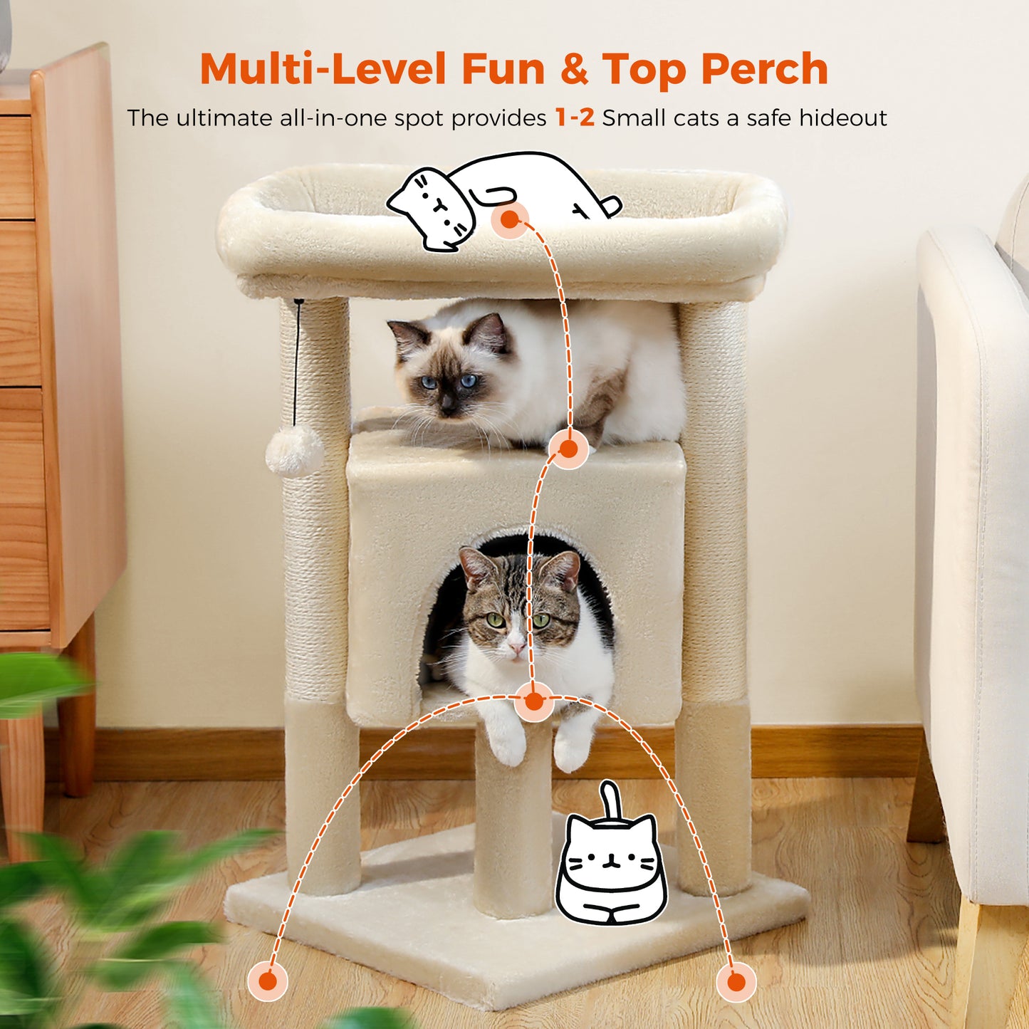 Small Cat Tower - Beige with Scratching Post and Condo