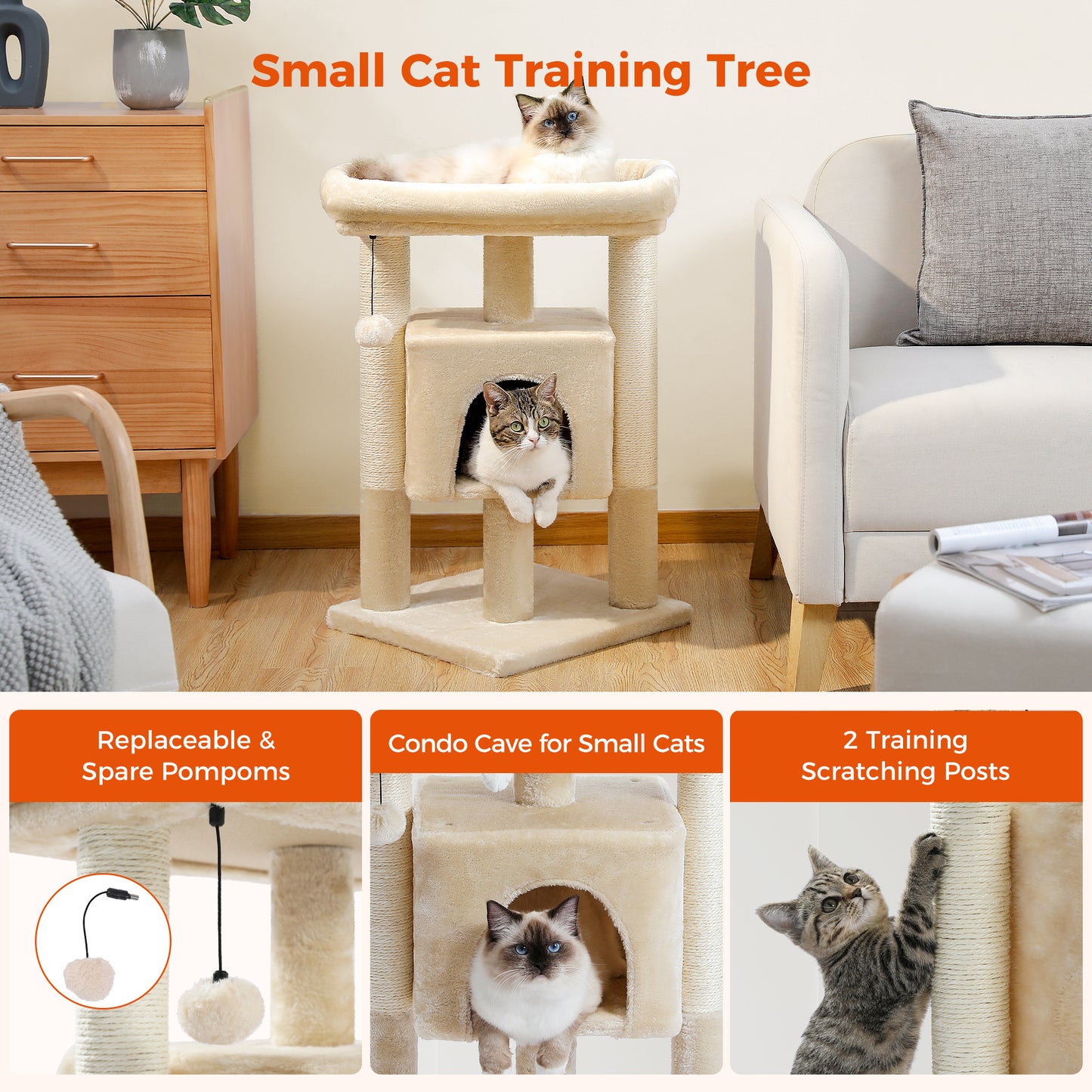 Small Cat Tower - Beige with Scratching Post and Condo