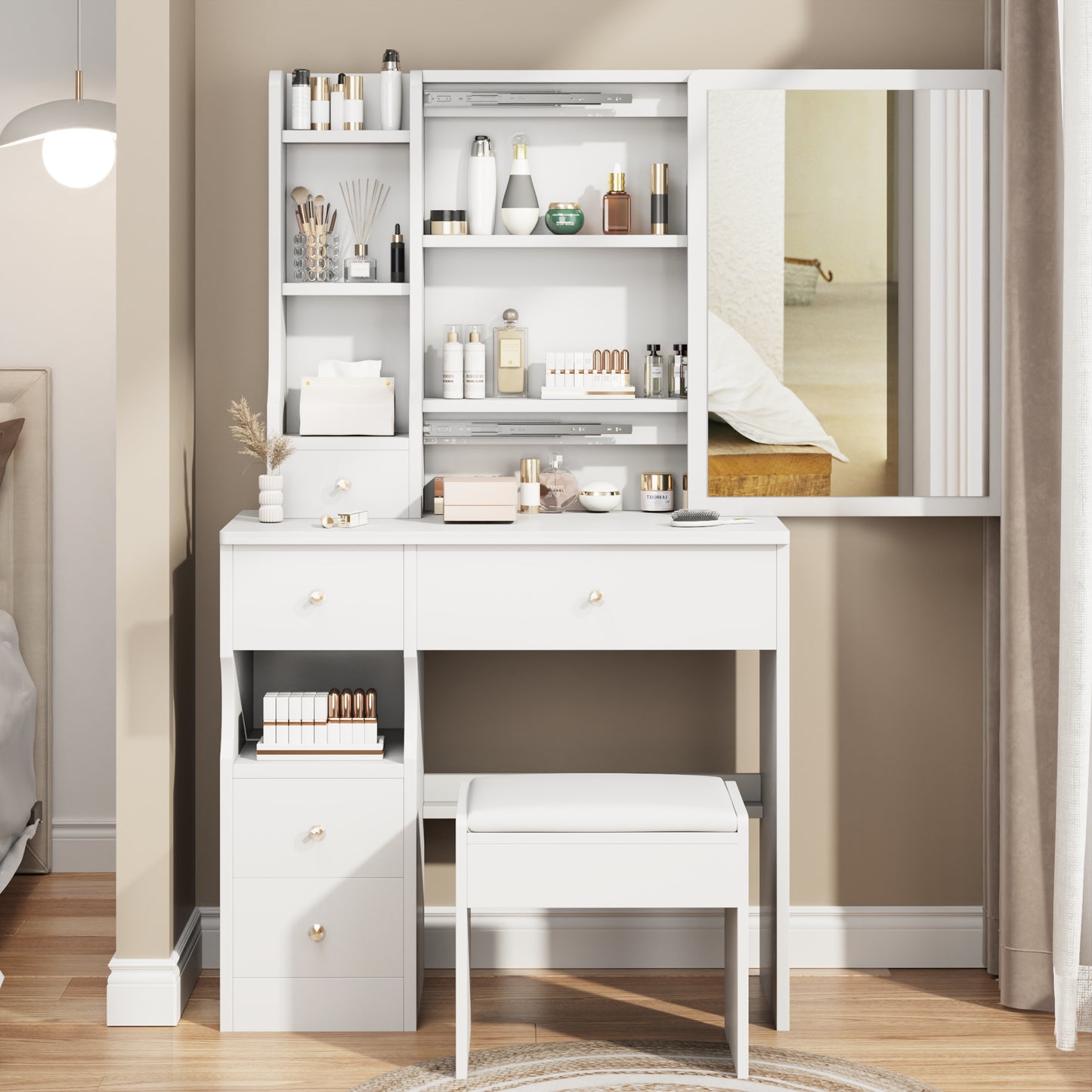 Compact Vanity Table with Sliding Mirror and Cushioned Stool