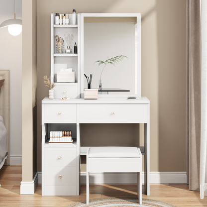 Compact Vanity Table with Sliding Mirror and Cushioned Stool