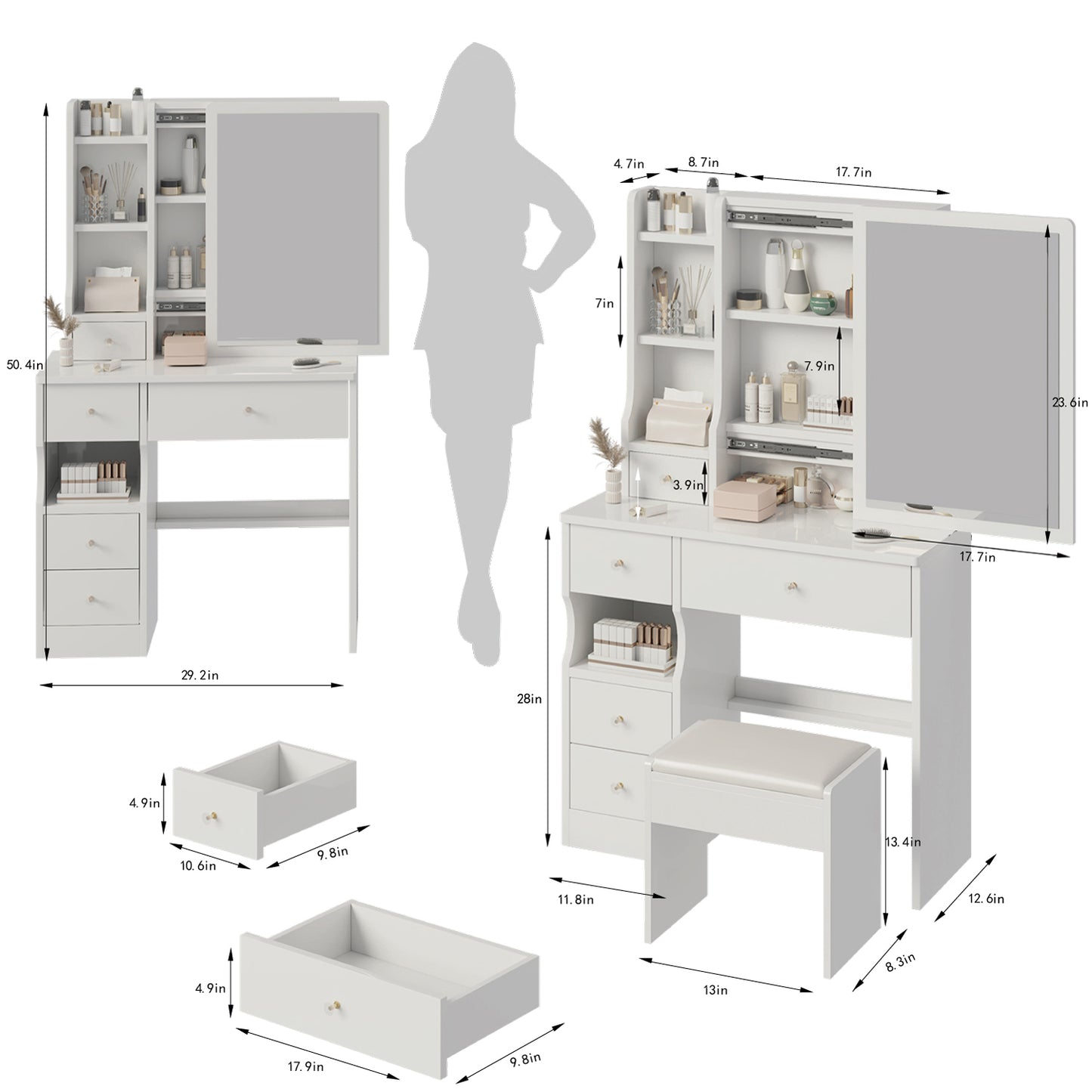 Compact Vanity Table with Sliding Mirror and Cushioned Stool