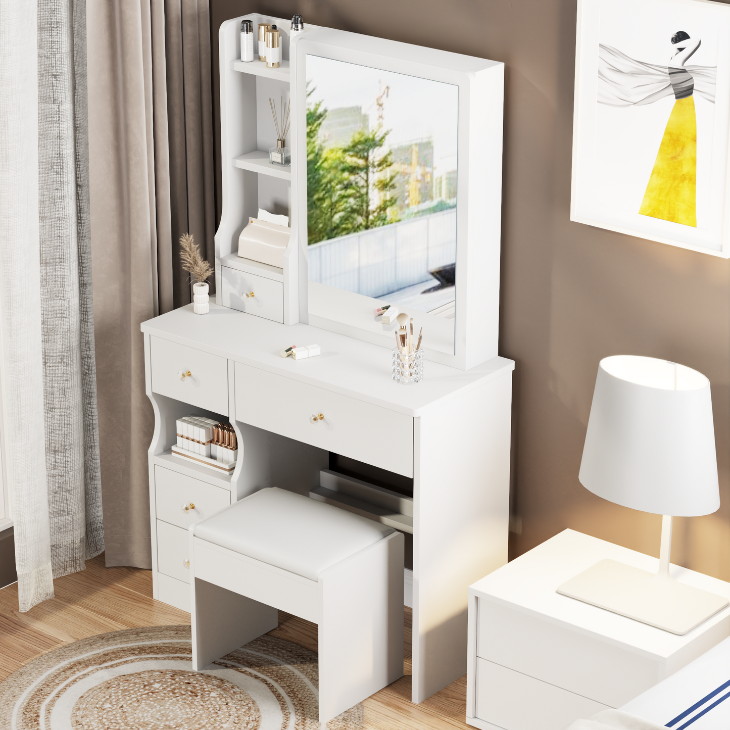 Compact Vanity Table with Sliding Mirror and Cushioned Stool