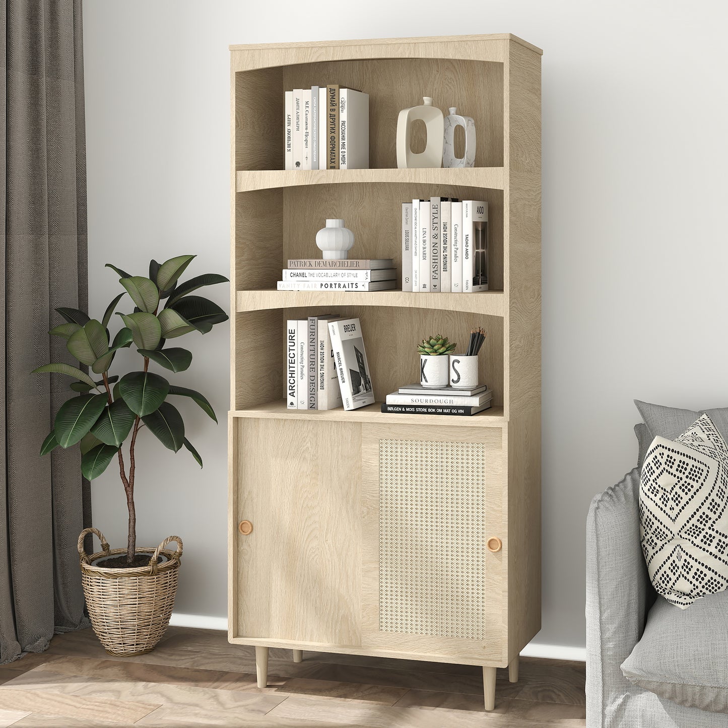 Tall 5-Tier Boho Bookcase - Adjustable Shelves, Rattan Wood