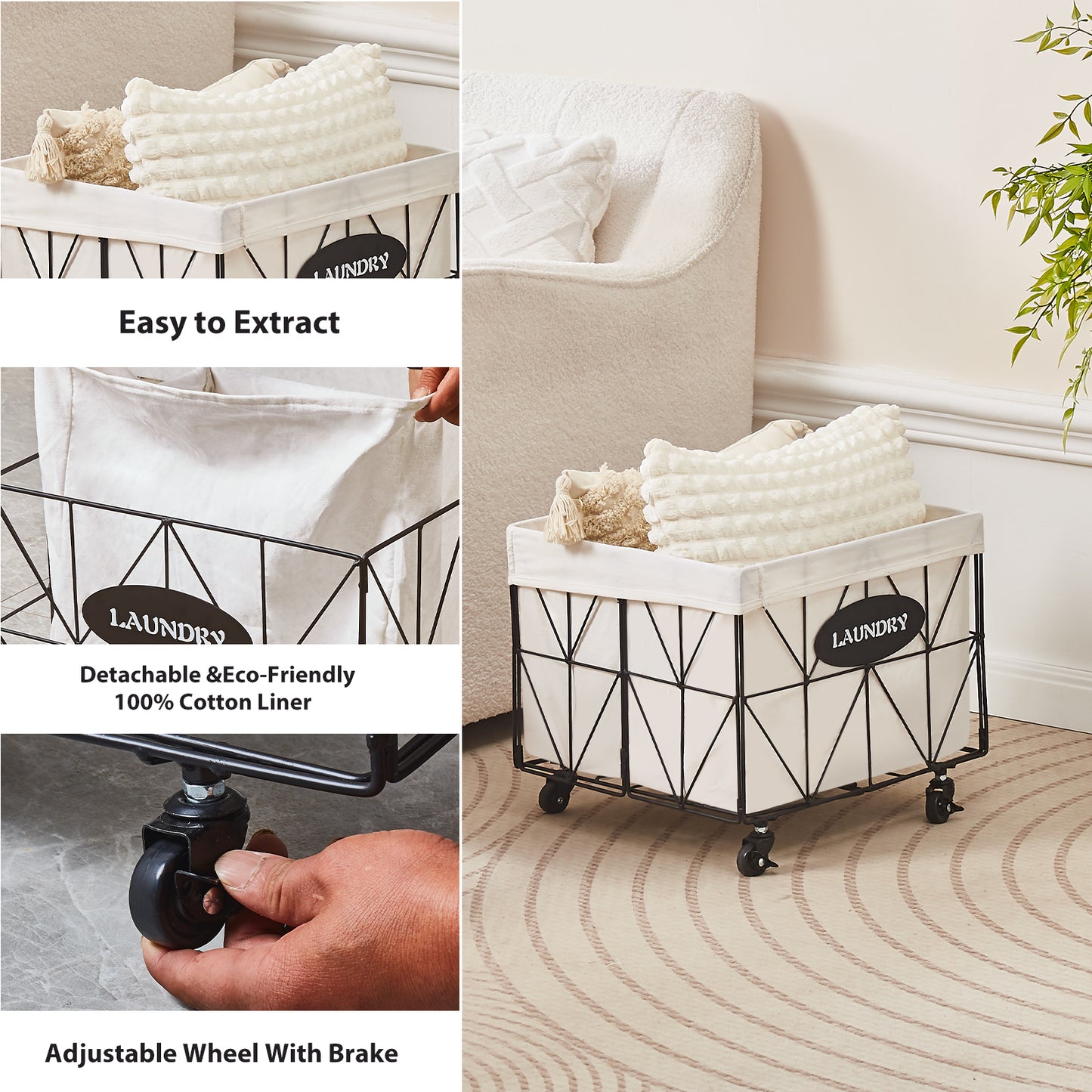 Collapsible Laundry Basket - With Wheels, Removable Lined