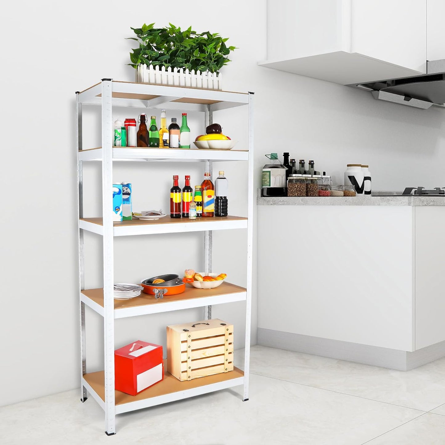 5-Tier White Metal Shelving Unit - Adjustable, Heavy Duty