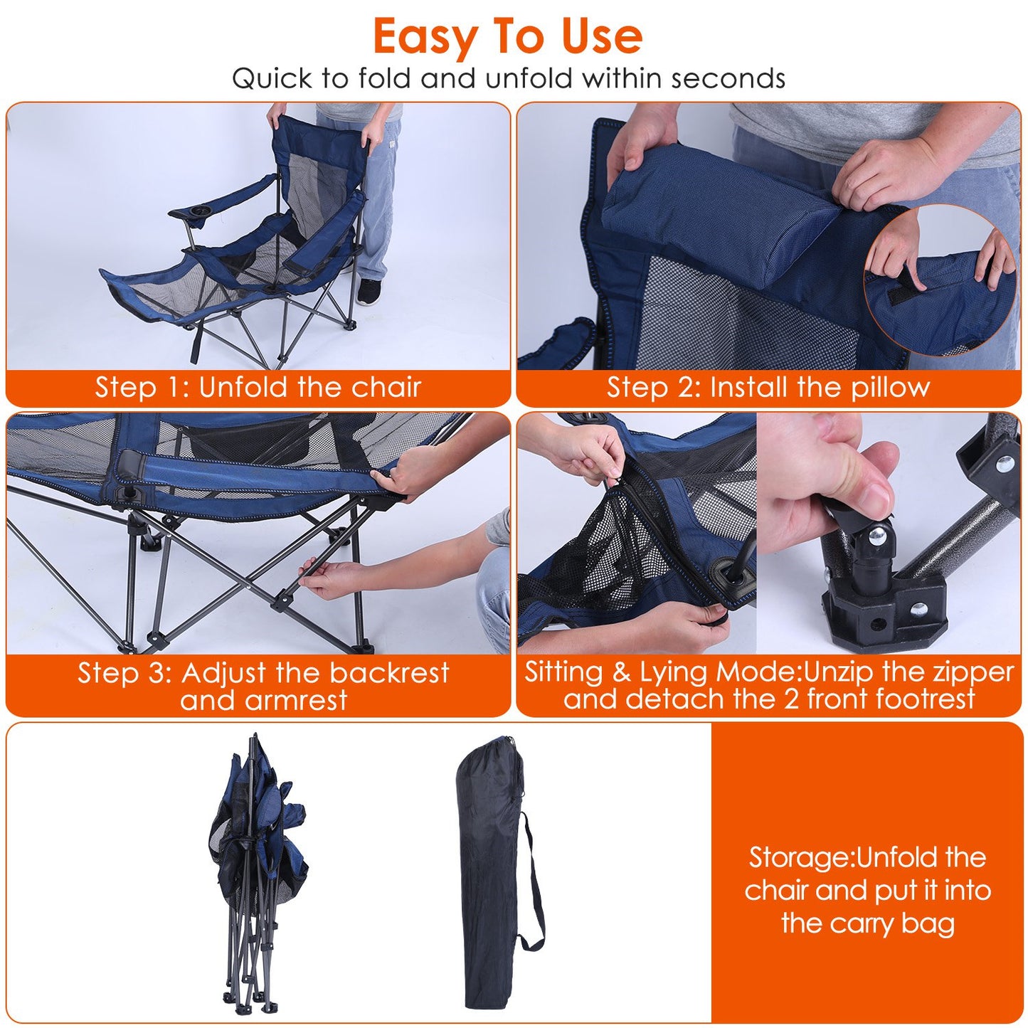 Foldable Camping Chair - Heavy Duty, Reclining