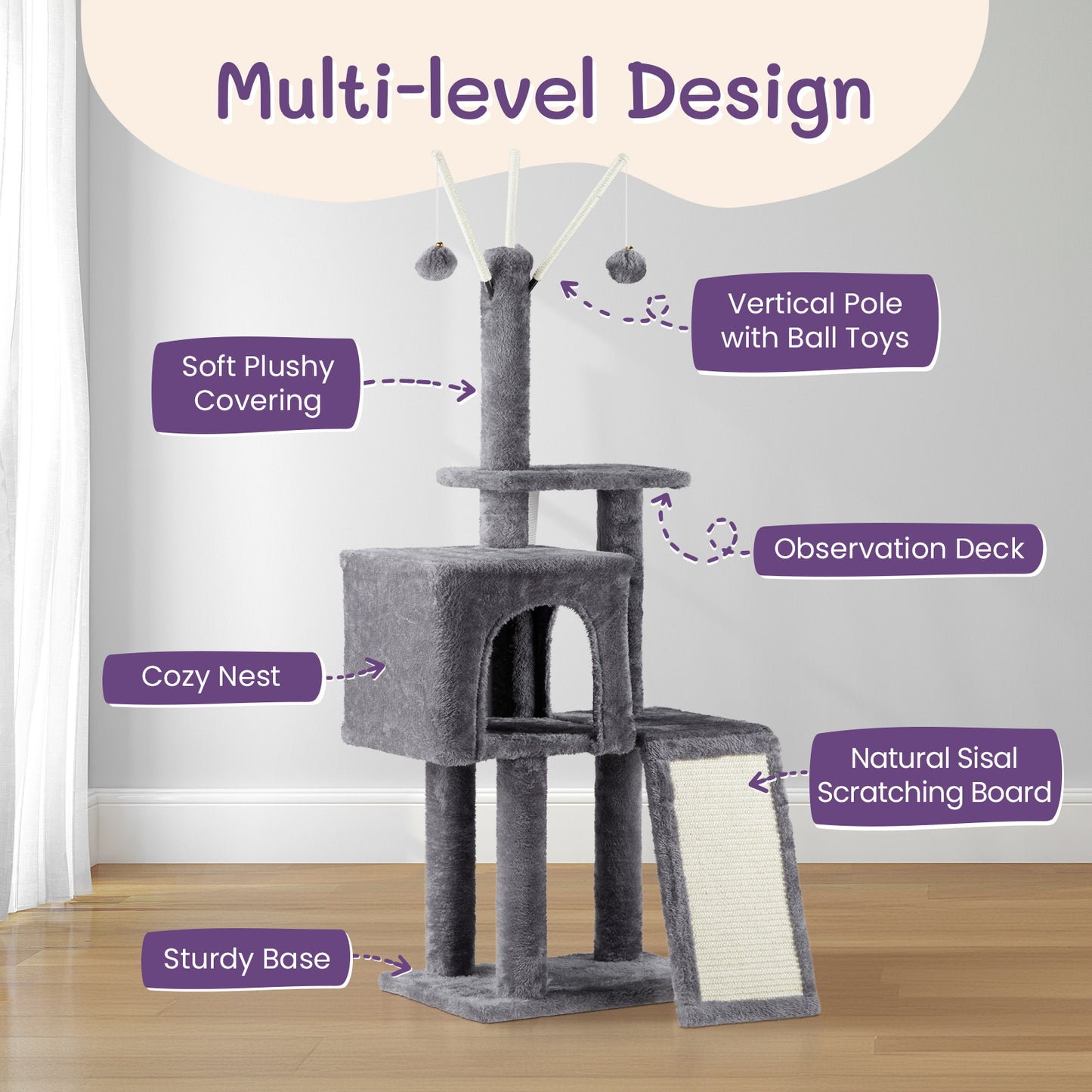 49" Cat Tree - Indoor Tower with Condo and Scratch Board