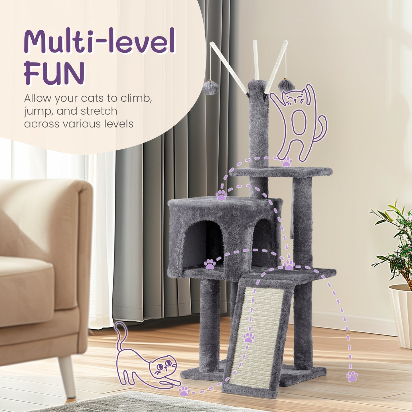 49" Cat Tree - Indoor Tower with Condo and Scratch Board