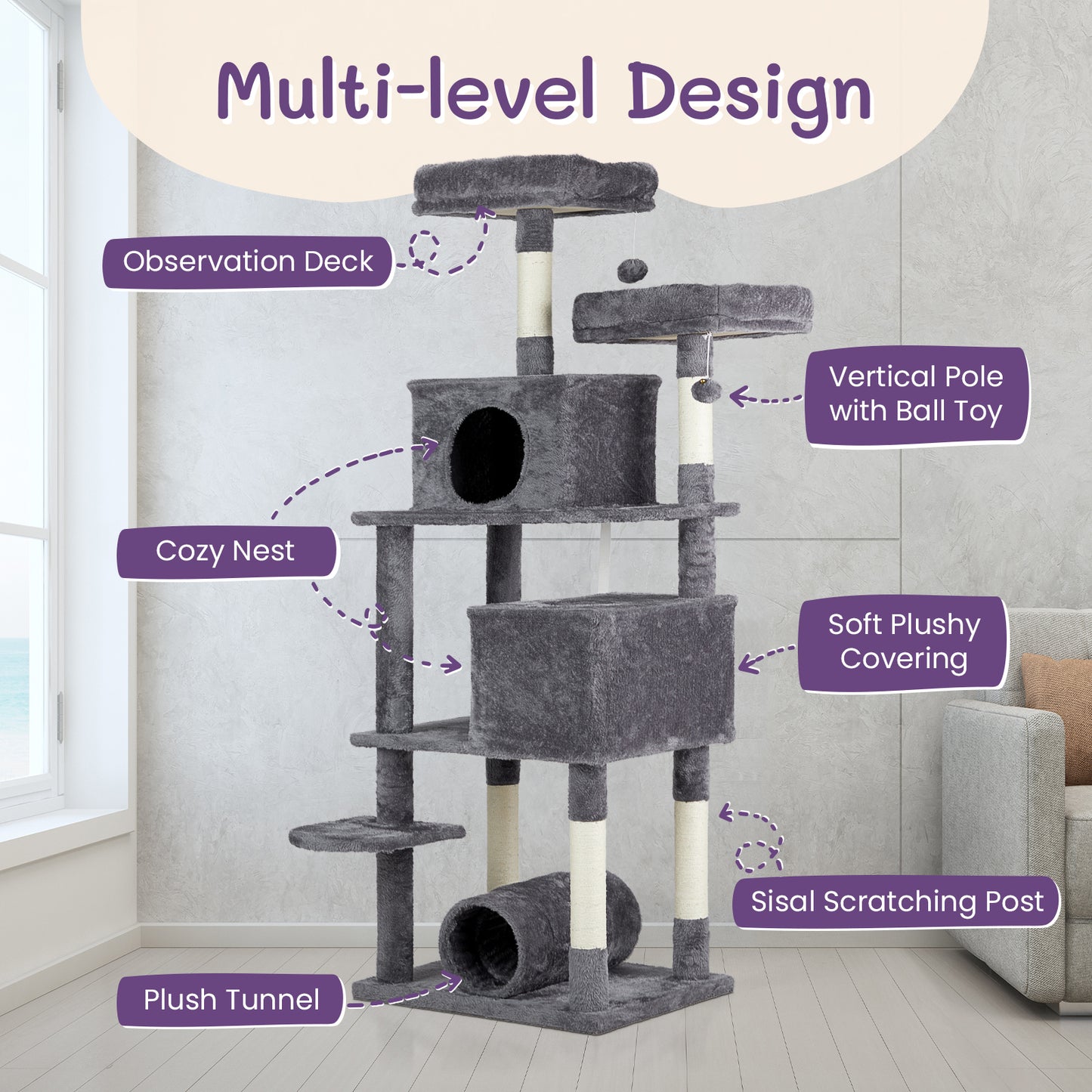 65" Cat Tree - Multi-Level Tower with Condos and Scratching Posts