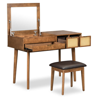 43.3" Wood Makeup Vanity Set with Flip-Top Mirror and Stool, Brown