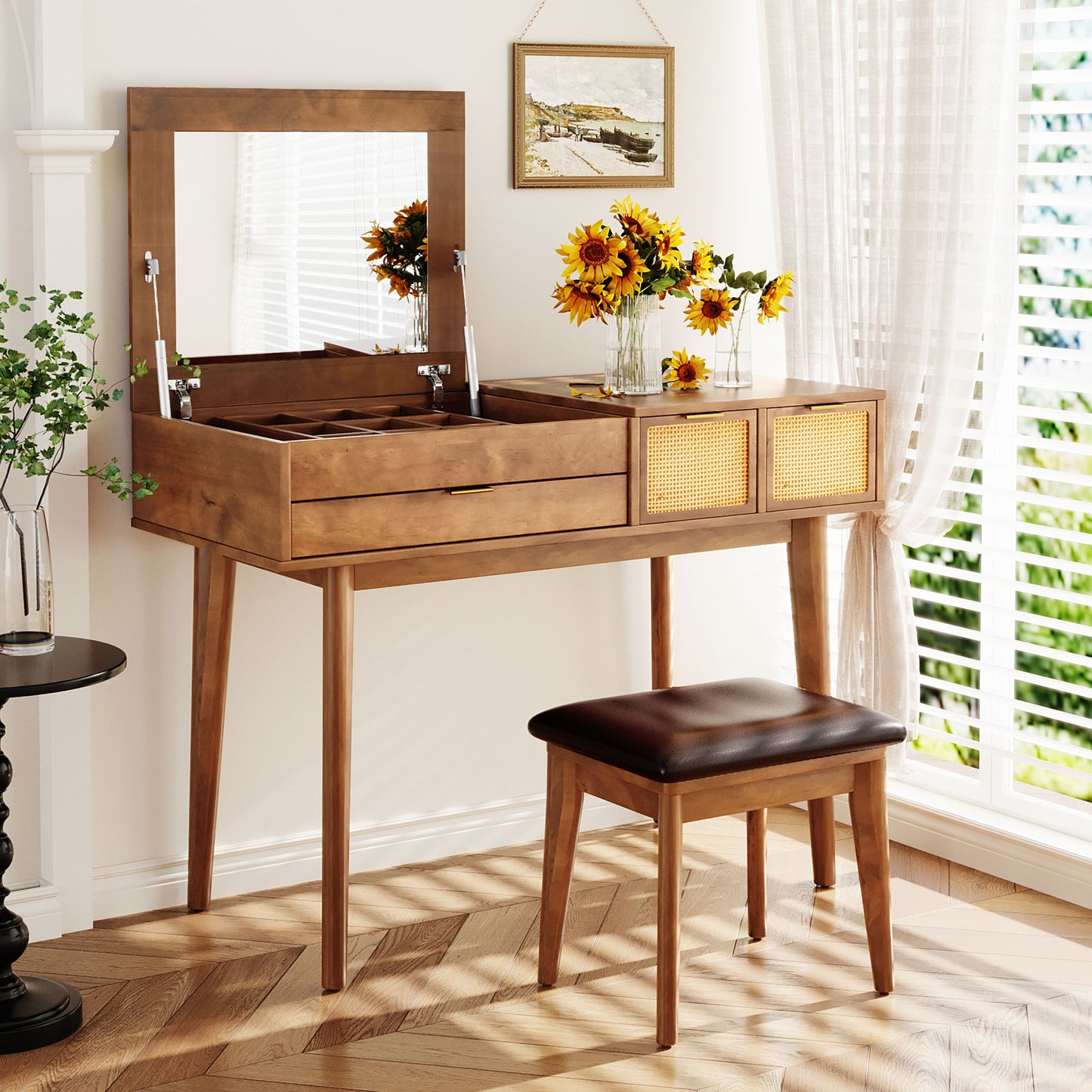 43.3" Wood Makeup Vanity Set with Flip-Top Mirror and Stool, Brown