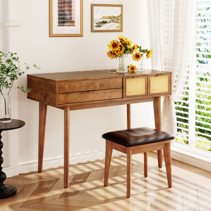 43.3" Wood Makeup Vanity Set with Flip-Top Mirror and Stool, Brown