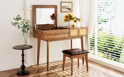 43.3" Wood Makeup Vanity Set with Flip-Top Mirror and Stool, Brown