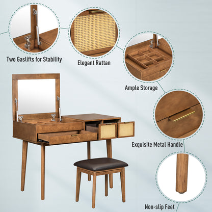 43.3" Wood Makeup Vanity Set with Flip-Top Mirror and Stool, Brown