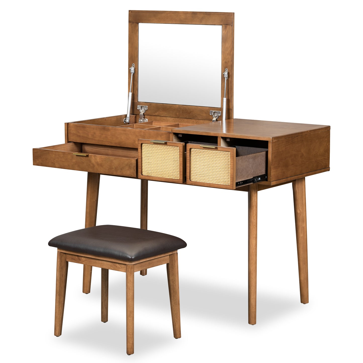 43.3" Wood Makeup Vanity Set with Flip-Top Mirror and Stool, Brown