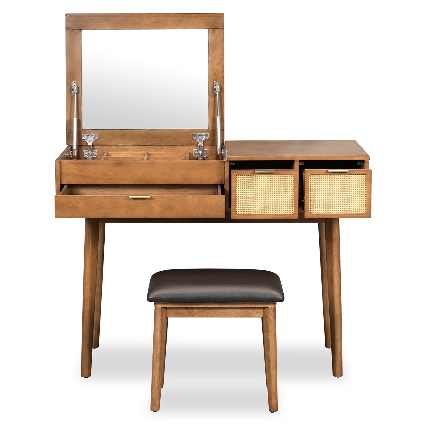 43.3" Wood Makeup Vanity Set with Flip-Top Mirror and Stool, Brown