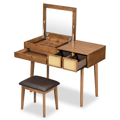 43.3" Wood Makeup Vanity Set with Flip-Top Mirror and Stool, Brown