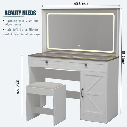 43.3" Makeup Vanity Table with LED Light, 3 Drawers, White