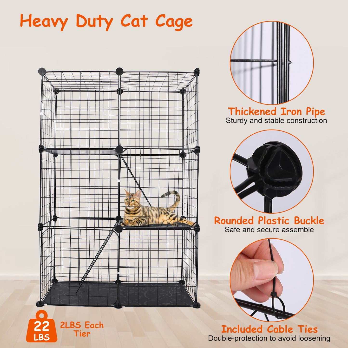 DIY Cat Cage - 3-Tier, Black