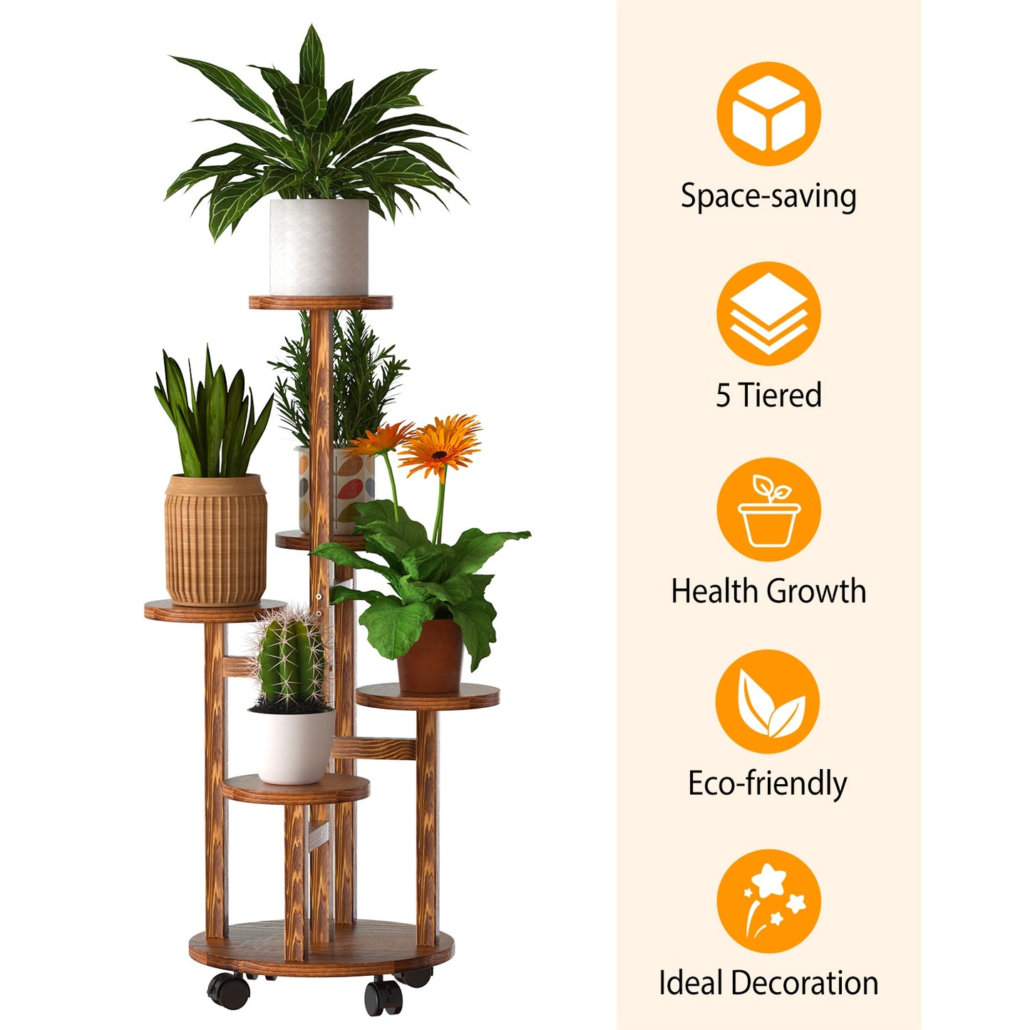 5-Tier Plant Stand - Wooden, Rolling Shelf with Detachable Wheels