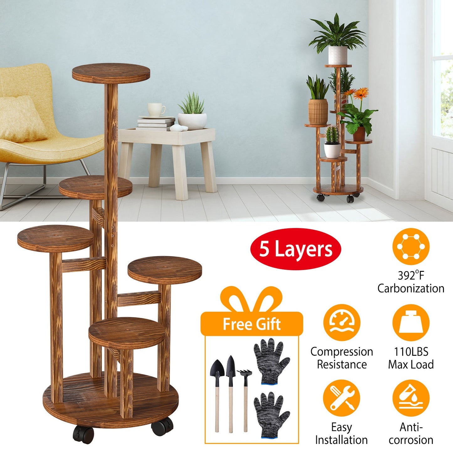 5-Tier Plant Stand - Wooden, Rolling Shelf with Detachable Wheels