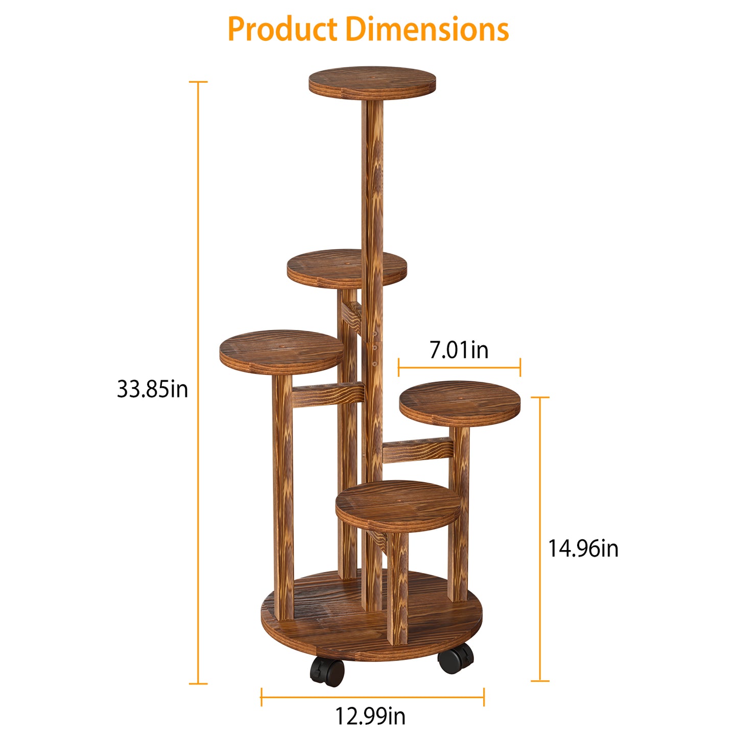 5-Tier Plant Stand - Wooden, Rolling Shelf with Detachable Wheels