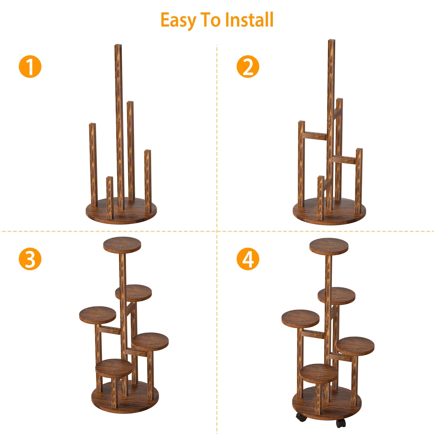 5-Tier Plant Stand - Wooden, Rolling Shelf with Detachable Wheels