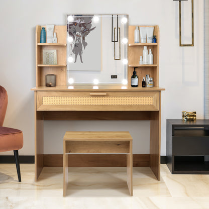 Vanity Desk Set with Stool, LED Mirror, Drawer, and Compartments, Modern Wood Dressing Table with Storage