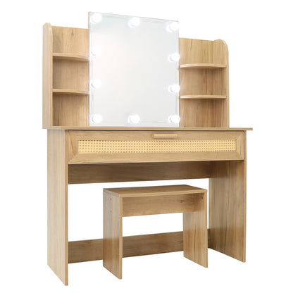 Vanity Desk Set with Stool, LED Mirror, Drawer, and Compartments, Modern Wood Dressing Table with Storage