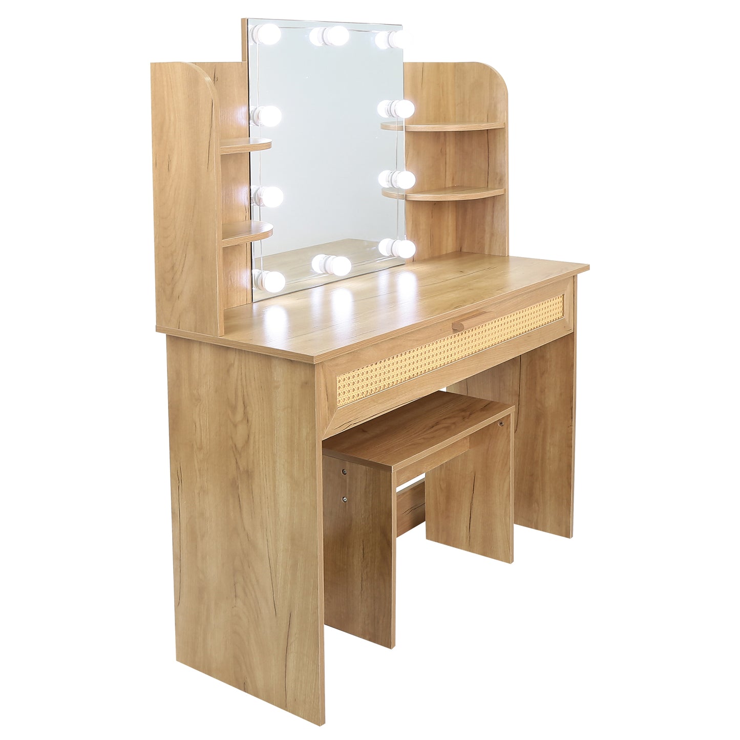 Vanity Desk Set with Stool, LED Mirror, Drawer, and Compartments, Modern Wood Dressing Table with Storage