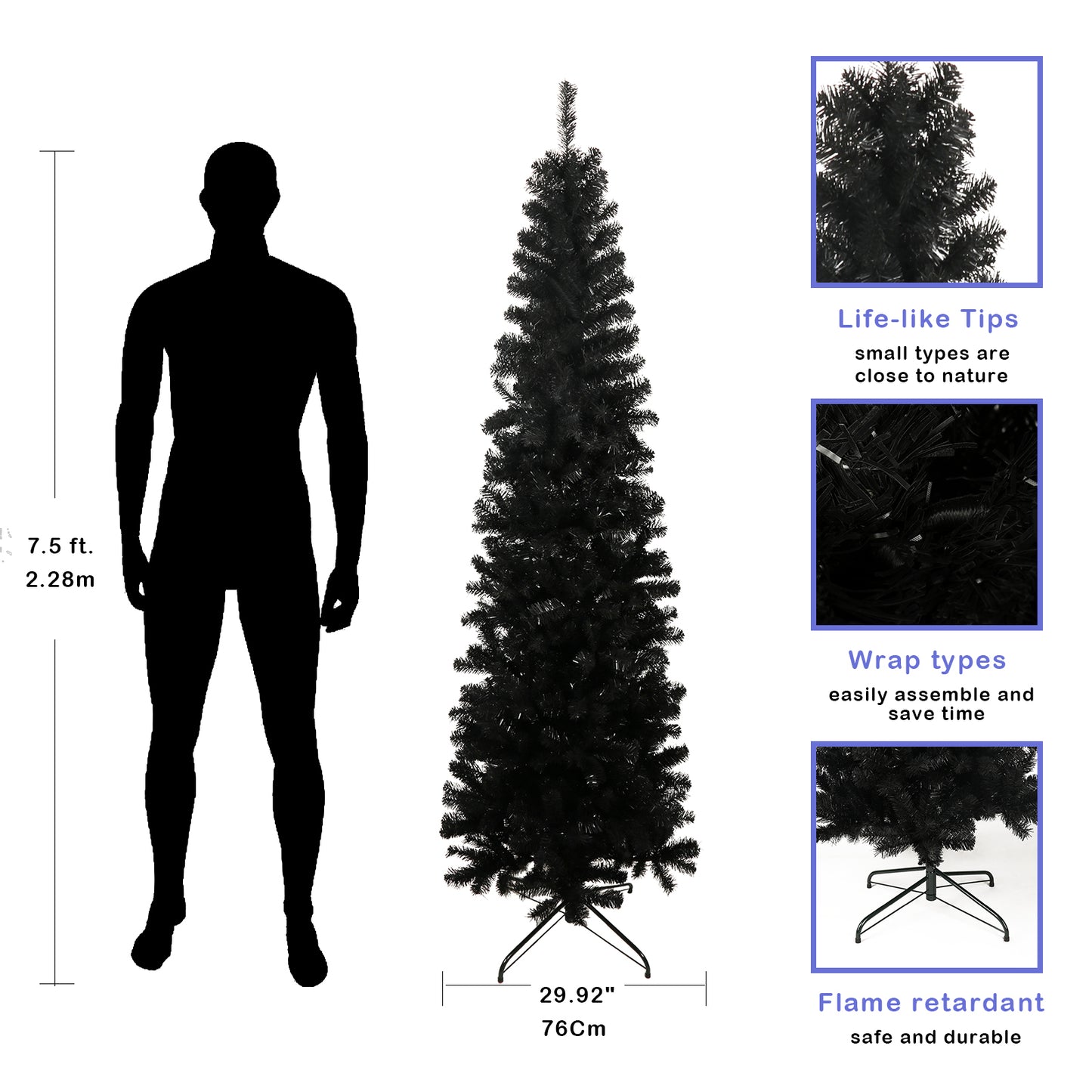 7.5FT Black Slim Artificial Christmas Tree  Includes Foldable Metal Stand