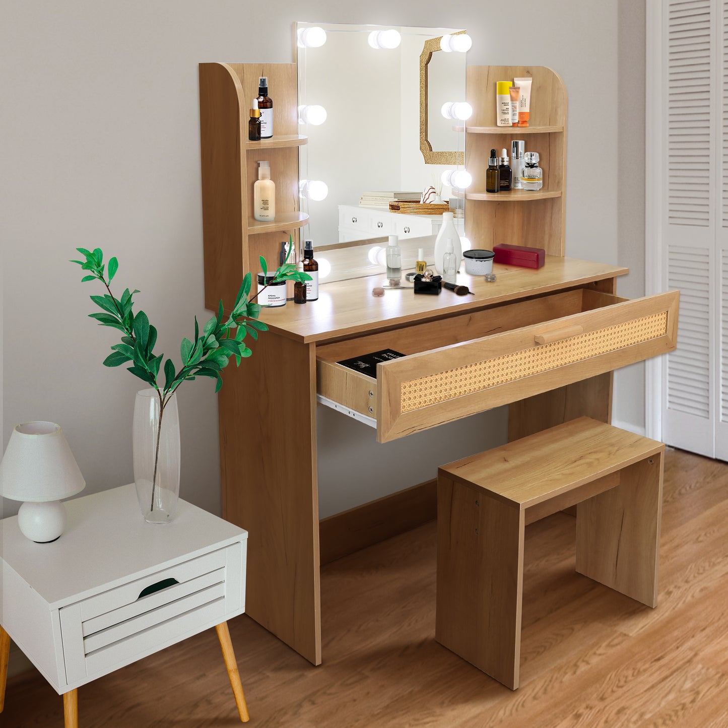 Vanity Desk Set with Stool, LED Mirror, Drawer, and Compartments, Modern Wood Dressing Table with Storage