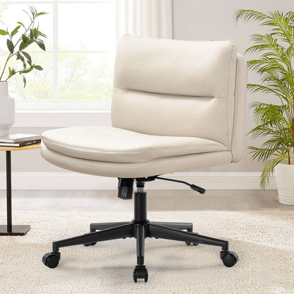 Armless Office Chair, PU Padded Desk Chair with Wheels, Mid Back Rocking Computer Chair for Bedroom and Vanity