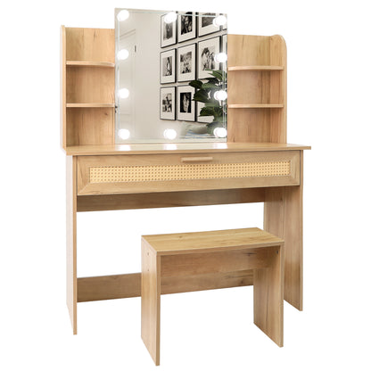 Vanity Desk Set with Stool, LED Mirror, Drawer, and Compartments, Modern Wood Dressing Table with Storage