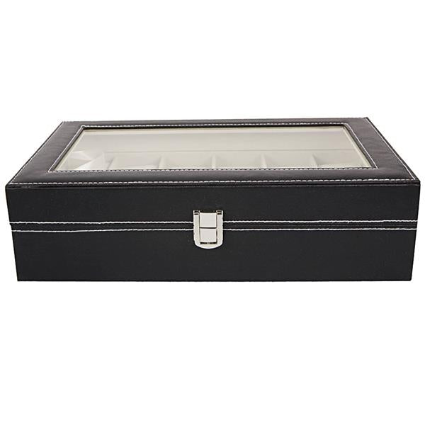 12-Compartment Leather Watch Box - Top-Level Opening, Black