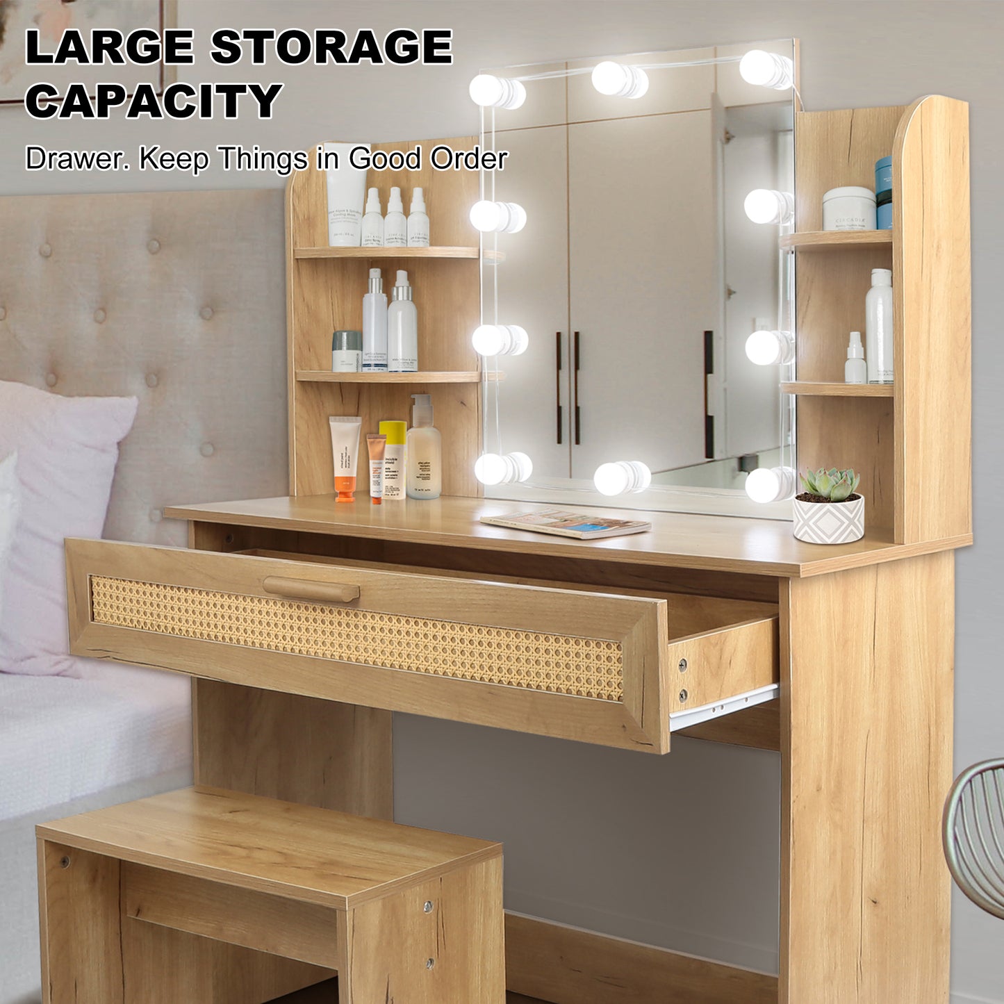 Vanity Desk Set with Stool, LED Mirror, Drawer, and Compartments, Modern Wood Dressing Table with Storage