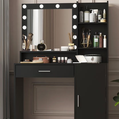 Vanity Desk with Mirror & Lights, Large Drawer, 3-Level Storage, Adjustable Brightness with 3 Lighting Modes