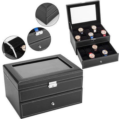 Watch Box 20 Mens Case Glass Top Display Organizer Lockable Black