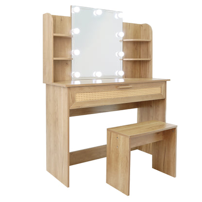 Vanity Desk Set with Stool, LED Mirror, Drawer, and Compartments, Modern Wood Dressing Table with Storage