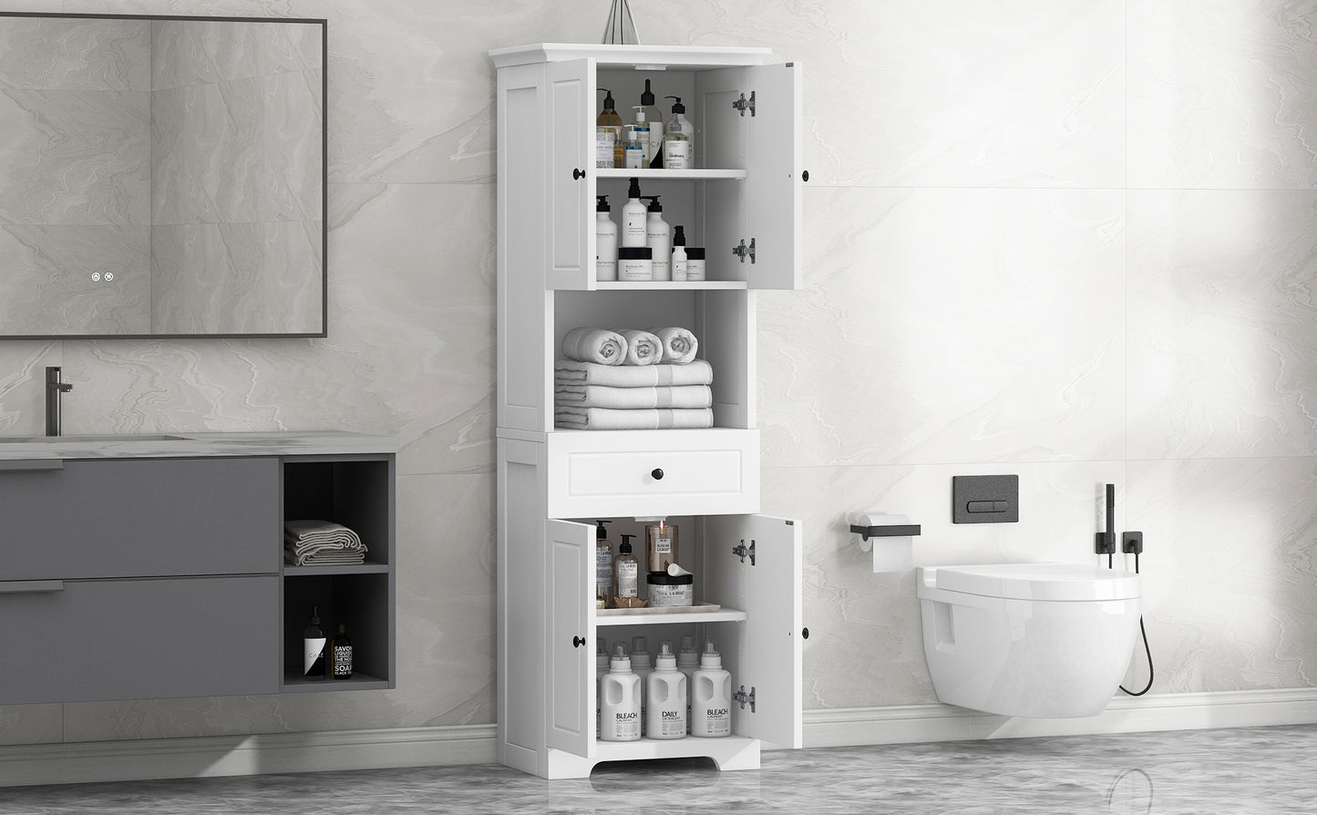 Tall Bathroom Cabinet with Four Doors and Open Shelve