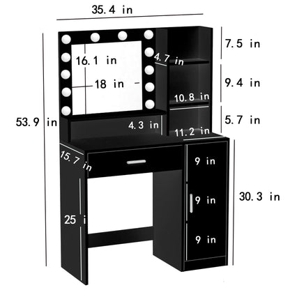 Vanity Desk with Mirror & Lights, Large Drawer, 3-Level Storage, Adjustable Brightness with 3 Lighting Modes