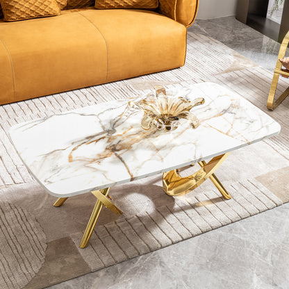 Gold stainless steel marble pattern coffee table 50.78" L x 27.16" W x 18.11" H for living room & office