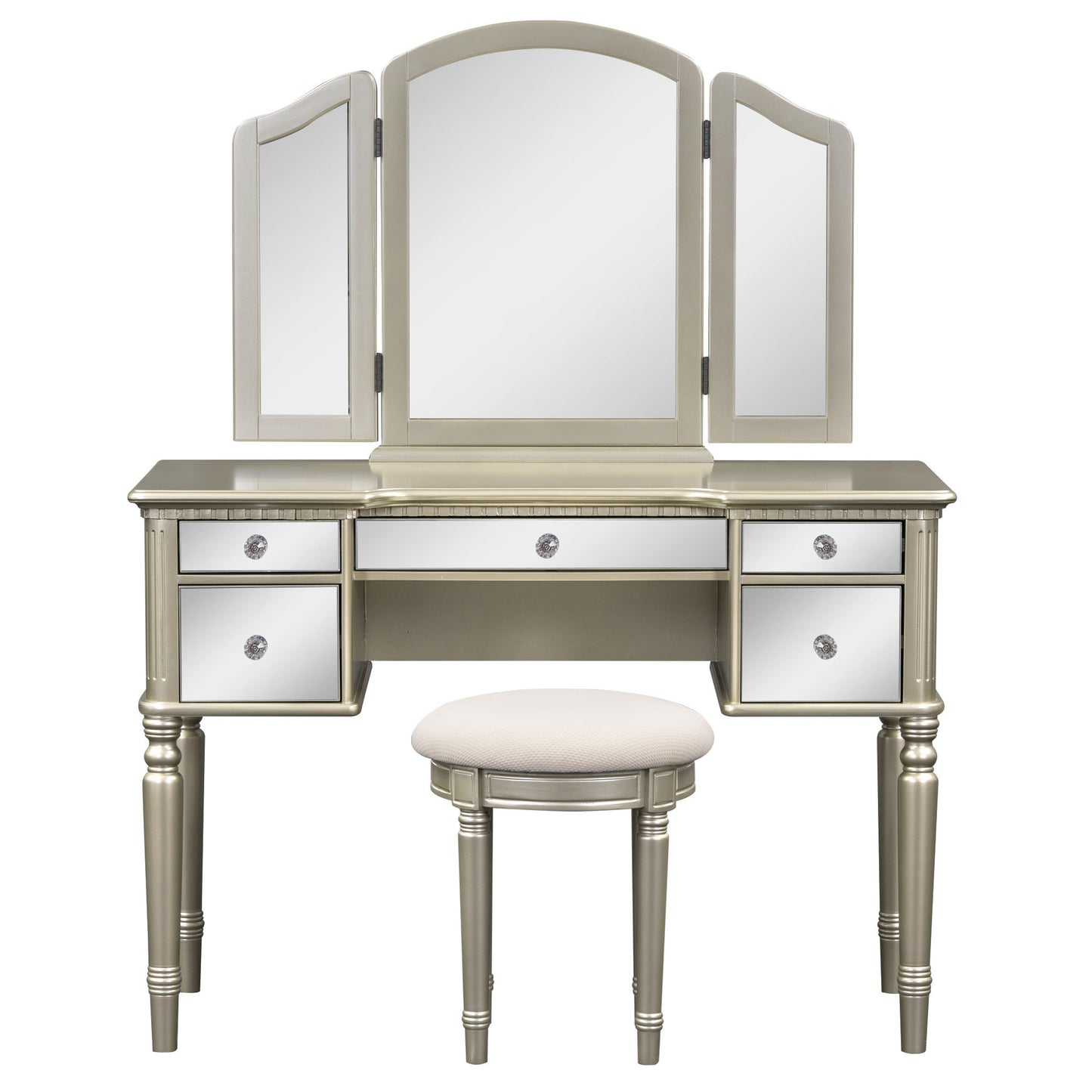 Dressing Table Set with Mirrored Drawers, Tri-fold Mirror, and Stool, Makeup Vanity Set for Bedroom