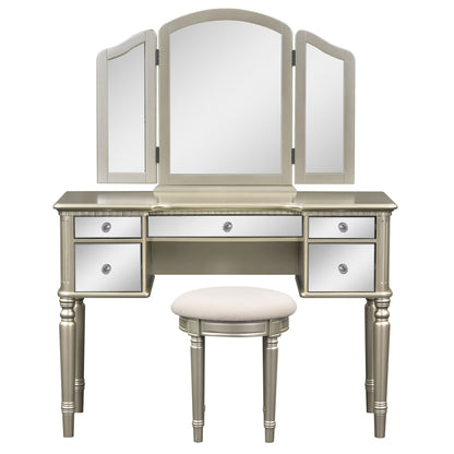 Dressing Table Set with Mirrored Drawers, Tri-fold Mirror, and Stool, Makeup Vanity Set for Bedroom