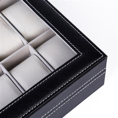 12-Compartment Leather Watch Box - Top-Level Opening, Black