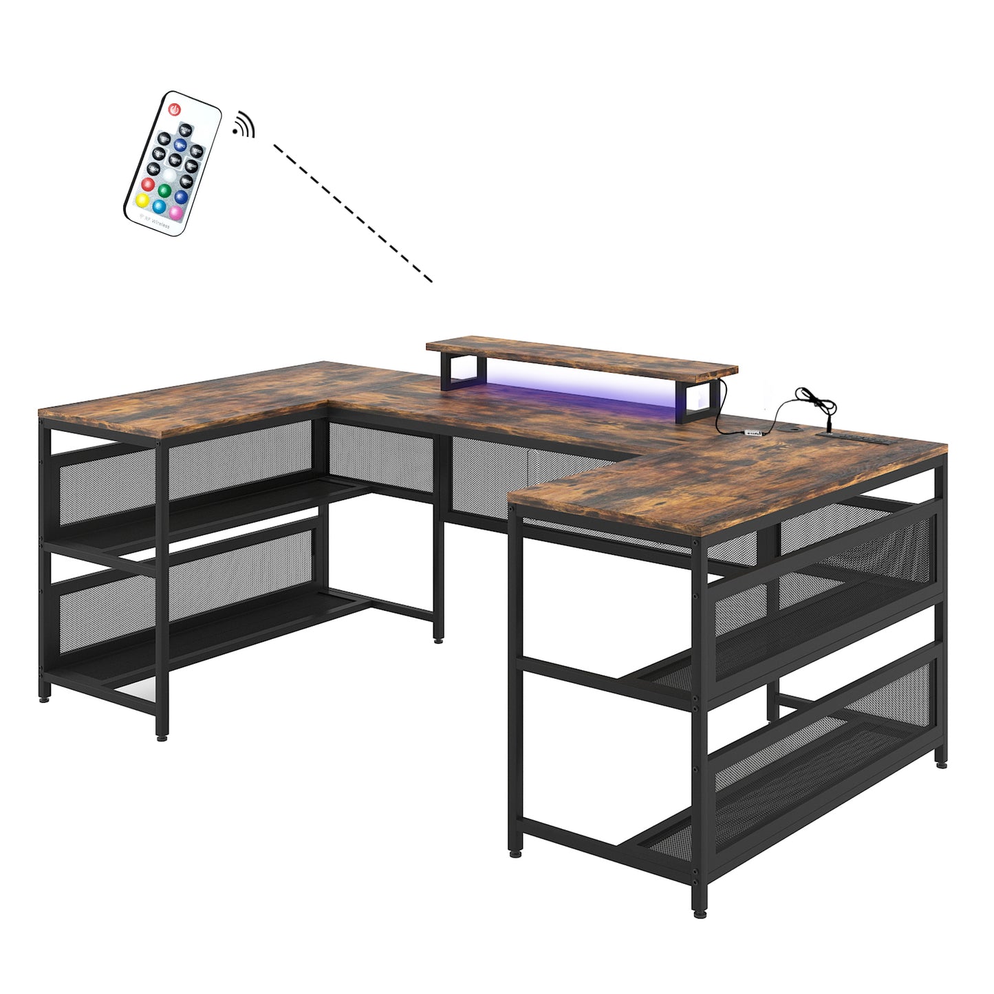 U Shaped Desk with Power Outlets, LED Strip, Monitor Stand, and Storage Shelf for Home Office or Gaming