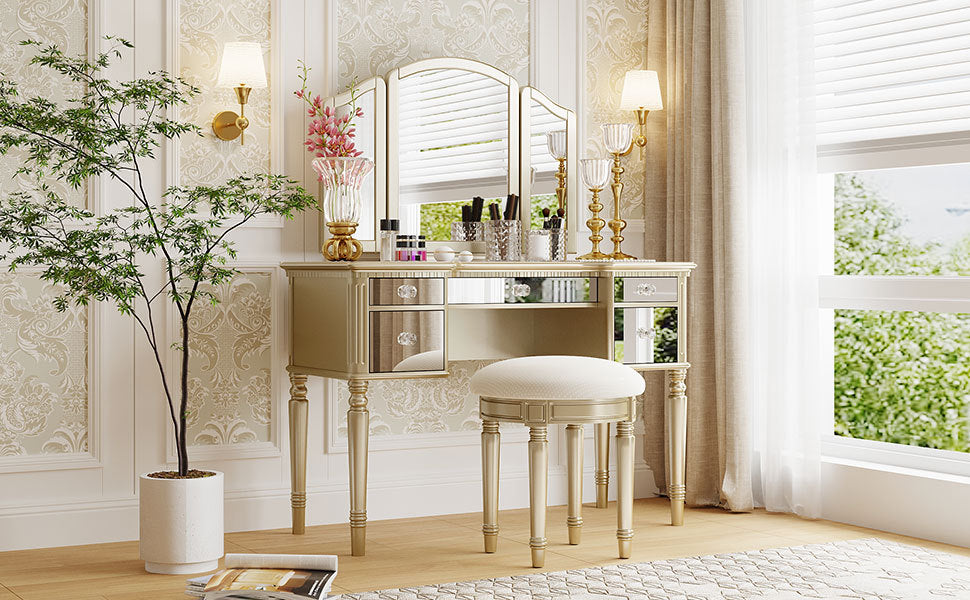 Dressing Table Set with Mirrored Drawers, Tri-fold Mirror, and Stool, Makeup Vanity Set for Bedroom