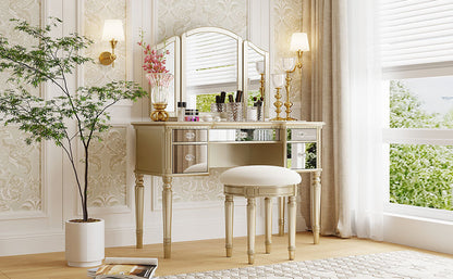 Dressing Table Set with Mirrored Drawers, Tri-fold Mirror, and Stool, Makeup Vanity Set for Bedroom